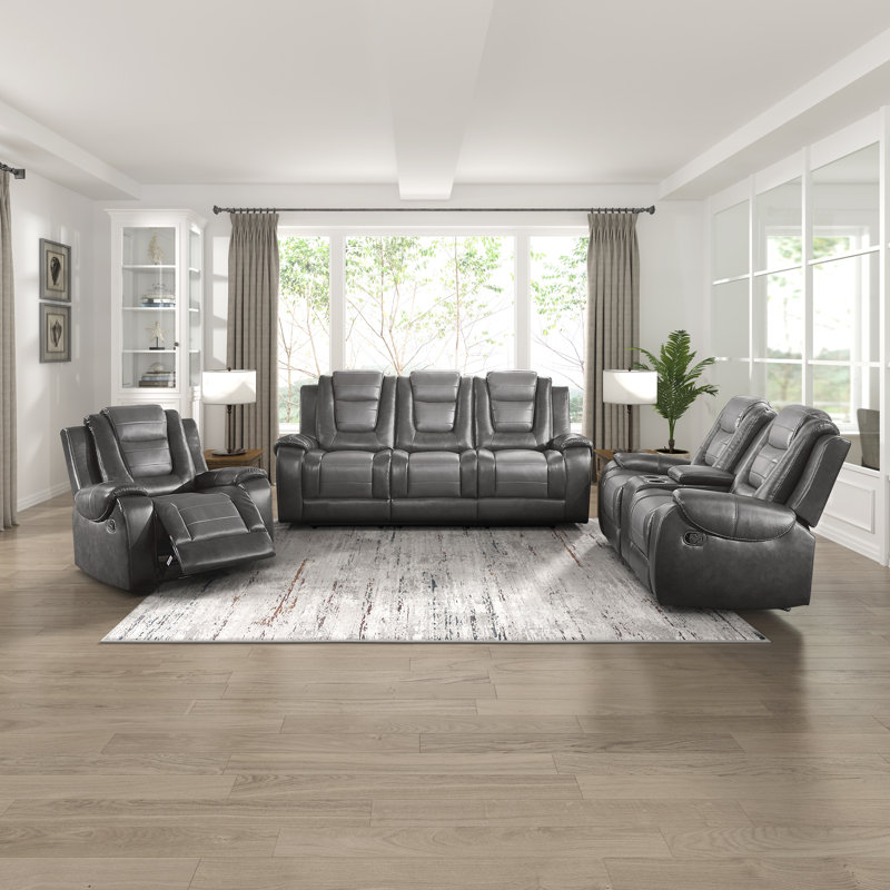 Lenhof 3 Piece Faux Leather Manual Reclining Living Room Set Red Barrel Studio Body Fabric Gray Faux Leather